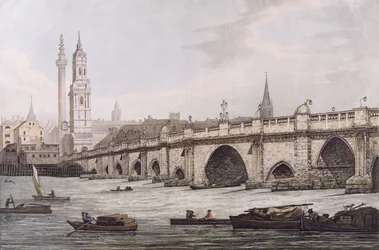 Vista da Ponte de Londres, incluindo a Igreja de St. Magus e The Monument, gravada por JC Stadler