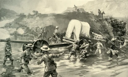 "Levando a Pistola Naval 4.7 através do Tugela", 1900.