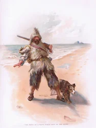 A impressão do pé de um homem na areia (cor litho)