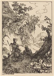 Paisagem com homens de armadura, toco de árvore