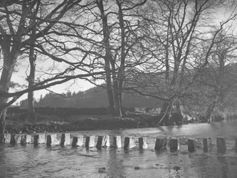 Uma linha do que parecem ser trampolins num riacho/rio em Rydal
