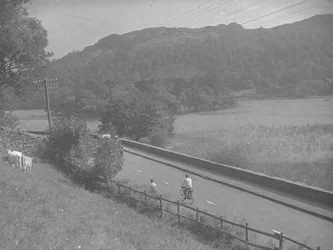 Vista de uma estrada que corre ao longo de Rydal Water, incluindo pessoas em bicicletas, gado e montanhas
