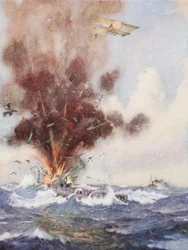 Comandante do Esquadrão AW Bigsworth ataca com bombas um submarino alemão, que enche de água e afunda Ostende