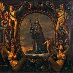Figura alegórica com putti em cartucho (óleo sobre tela)