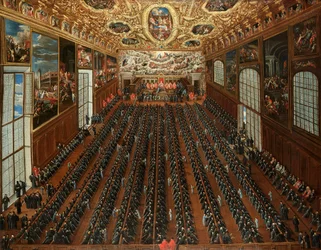 Interior da Sala Maggior Consiglio, Palácio Ducal, Veneza, com os patrícios a votar num boletim para a eleição de novos magistrados