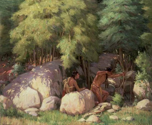 Bravos índios a caçar veados (óleo sobre tela)
