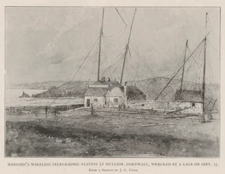 Estação Telegráfica Sem Fio de Marconi em Mullion, Cornwall, naufragada por um Gale em 17 de setembro