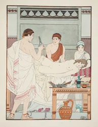 Exame ginecológico, ilustração de «As Obras de Hipócrates», 1934