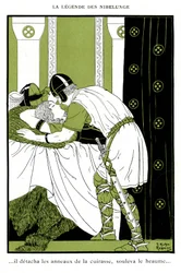 Lenda de Nibelunge: Siegfried abraça o Walkyrie Brunnhilde (cromolitografia)