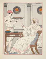 O consumo imoderado de bolos de gergelim e doces com mel, ilustração de &39;The Works of Hippocrates&39;, 1934