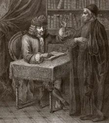Voltaire e os religiosos - VOLTIER, François-Marie Arouet - com um clero. Voltaire e um sacerdote (Religião) - Gravura de Joseph Lante - 1764