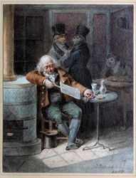Leitura da Gazeta": velhote dormia num café a ler o jornal "A Gazeta" em 1824. Litografia de Joseph Louis Hippolyte Bellange (1800-1866) 1824 Paris, Musee Carnavalet