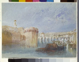 Raiva: As Muralhas do Doutor com a Torre da Igreja de La Trinité (aguarela e guache em papel azul)