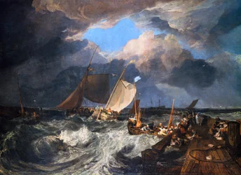 Cais de Calais com poissards franceses se preparando para o mar: um pacote inglês chegando, 1803