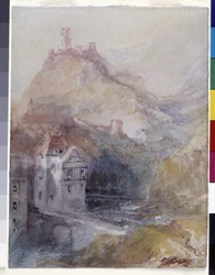 Cochem On The Mosel (aguarela e guache em papel azul)