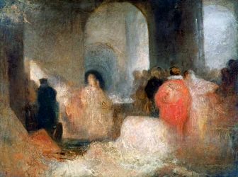 Jantar em uma grande sala com figuras em traje, c1830-1835