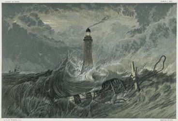 Farol de Eddystone, construído no rochedo de Eddystone pelo engenheiro civil inglês John Smeaton, entre 1757 e 1759. Cromolitografia após pintura de JMW Turner
