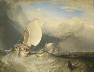 Barcos de pesca com vendedores que negociam peixes, 1837-38
