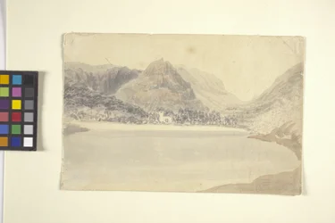 Grassmere Lake And Church (aguarela sobre lápis em papel branco)