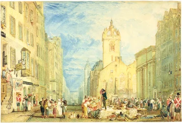 High Street, Edimburgo, c.1818 (aquarela, caneta, tinta, grafite e riscos em papel tecido)