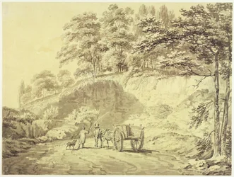 Homem com cavalo e carrinho Entrando em uma pedreira, c.1797 (grafite e lavagem cinza no papel)