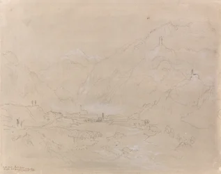 Paisagem montanhosa com cidade no vale, c.1840 (grafite e cinza lavado sobre papel)