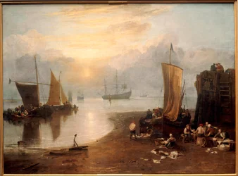 Sol nascendo através do vapor: Pescadores a limpar e a vender peixe ... (pintura sobre tela)