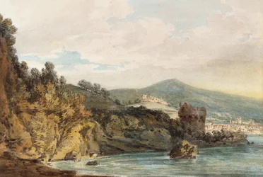 A costa sob Vietri, Salerno à distância, o castelo visto acima da Torre Crestarella