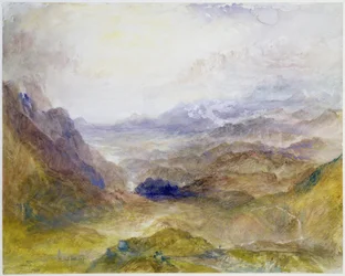 Vista ao longo de um vale alpino, possivelmente o Val d "Aosta