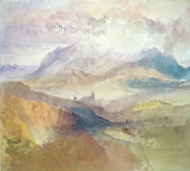 Vista ao longo de um vale alpino, possivelmente o Val d "Aosta