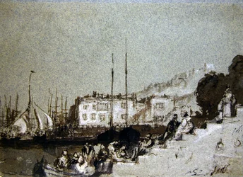 Vista de East Cowes, Isle of Wight (caneta e tinta e corpinho em papel azul)