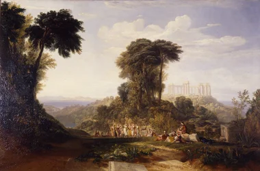 Vista do Templo de Júpiter Pan-Helénico, na ilha de Egina, com a dança nacional grega Romaika: a Acrópole de Atenas ao longe
