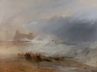 Naufrágios -- Costa de Northumberland, com um barco a vapor para ajudar um navio ao largo da costa