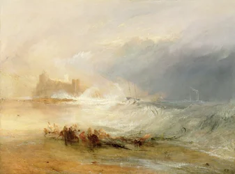 Saqueadores de naufrágios - costa de Northumberland, com um barco a vapor a auxiliar um navio ao largo, 1834
