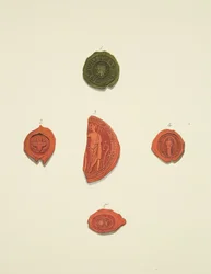 Cinco selos de Robert Atwaller, selo desconhecido, Margaret Mewyrk, priora de Santa Maria Madalena e John Vrell
