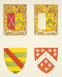 Quatro brasões - dois numa janela perto do campanário, Catedral de Bristol (aguarela sobre papel)
