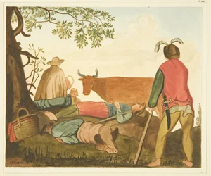 Guy, Conde de Warwick, e o Dun Cow, cópias da pintura a óleo original (aguarela sobre papel)