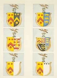 Seis escudos de armas em vitrais nos corredores norte e sul (extremidade leste) da Catedral de Bristol (aguarela sobre papel)
