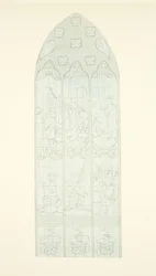 Janela de vidro manchado na extremidade leste do corredor sul da Catedral de Bristol (lápis e aquarela sobre papel)