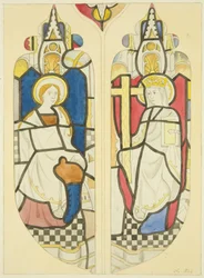 Duas figuras na janela leste do transepto norte de St Mary Redcliffe (aguarela sobre papel)