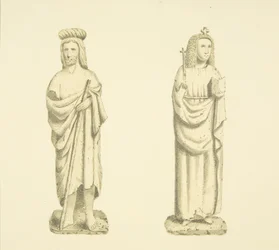 Duas figuras em nichos da Torre de Santa Maria Redcliffe (aguarela sobre papel)