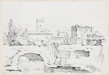 Uma cidade italiana com uma ponte de pedra e uma cachoeira