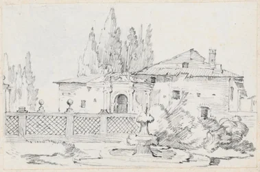 Casa e árvores em uma parede de jardim