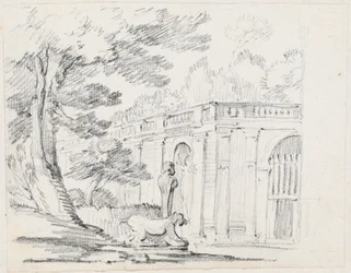Loggia e estatuária em um jardim italiano