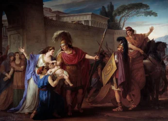 Adeus Hector e Andromaque. Partindo para a Guerra de Tróia, Hector deixa a sua esposa e filho Astyanax. Pintura de Joseph Marie Vien (1716-1809) 1786 Sol. 3,29 X 4,25 m