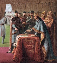 Rei John da Inglaterra assina a Magna Carta De: Pictures of English History, 1868