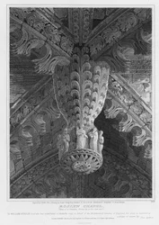 Roslyn Chapel, vista de um pingente e virilhas no extremo leste, gravada por S. Noble, 1810