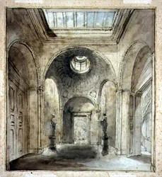 A ante-sala da galeria de esculturas de Sir Francis Chantrey em 30 Belgrave Place desenhada por Sir John Soane (1753-1837) (aguarela e lápis sobre papel)