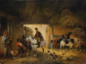 Um cavaleiro regando seu cavalo em um estábulo, 1840