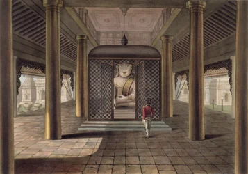 Um soldado de pé em um templo de Rangoon, gravado por George Hunt, 1825 (aquatint colorido)